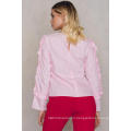 Милый розовый хлопок Раффлед с длинным рукавом летние блузки Производство Оптовая продажа женской одежды (TA0051B)